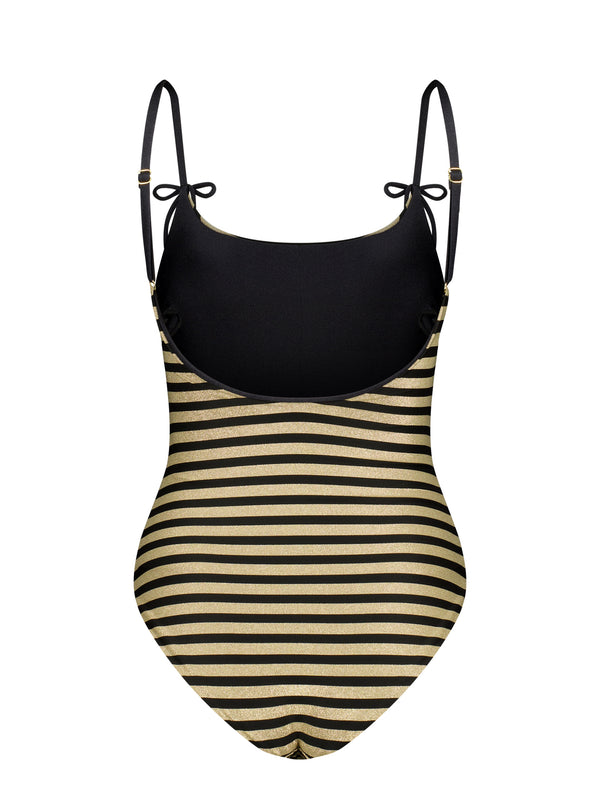 COCO - Mettalic striped gold & black one piece thin straps swimwear.