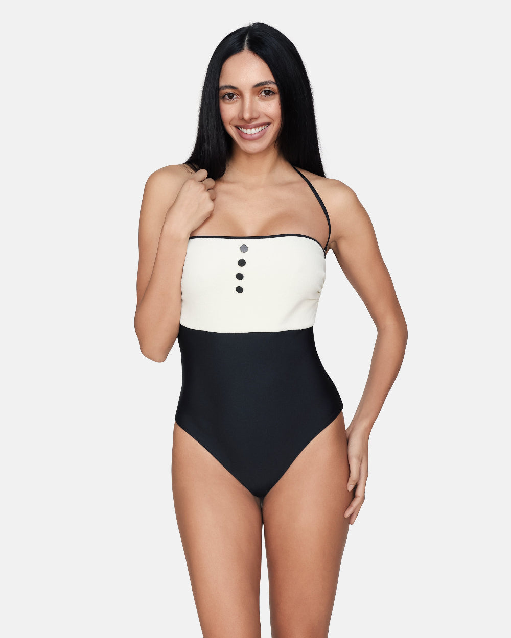 CHRISTY - Halter Neck one piece bustier Black and Ivory Swimsuit